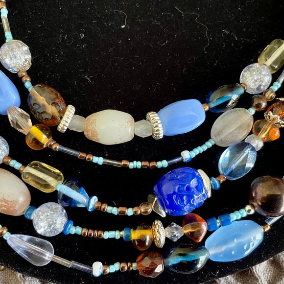 beautiful beaded 5 strand necklace in blues and brown - Picture 3 of 5